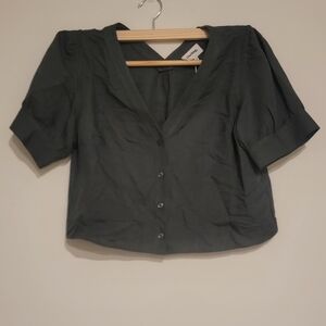 Darling Dark Olive Green Button-Up Linen Crop Top
